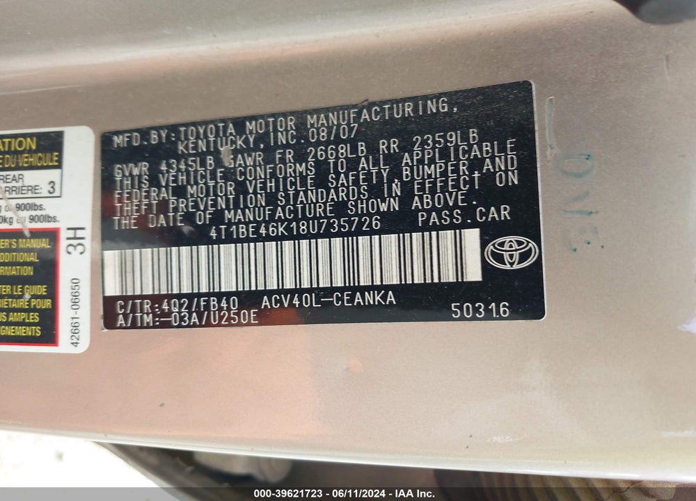 2008 TOYOTA CAMRY LE VIN: 4T1BE46K18U735726