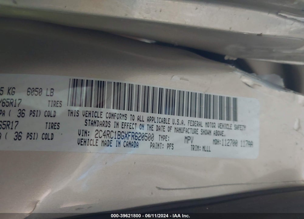 2015 CHRYSLER TOWN & COUNTRY TOURING VIN: 2C4RC1BGXFR620500