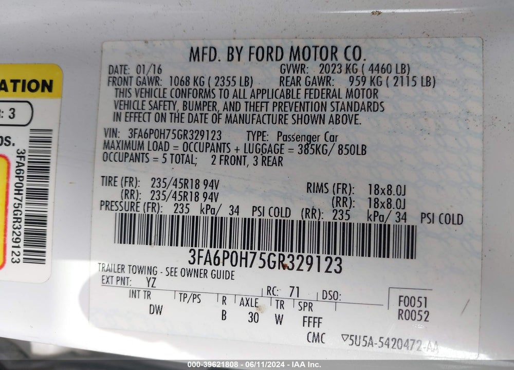 2016 FORD FUSION SE VIN: 3FA6P0H75GR329123