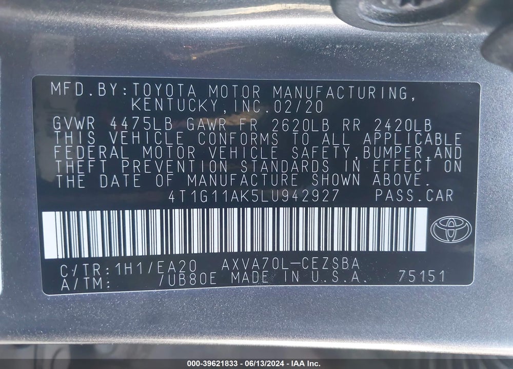 2020 TOYOTA CAMRY SE VIN: 4T1G11AK5LU942927