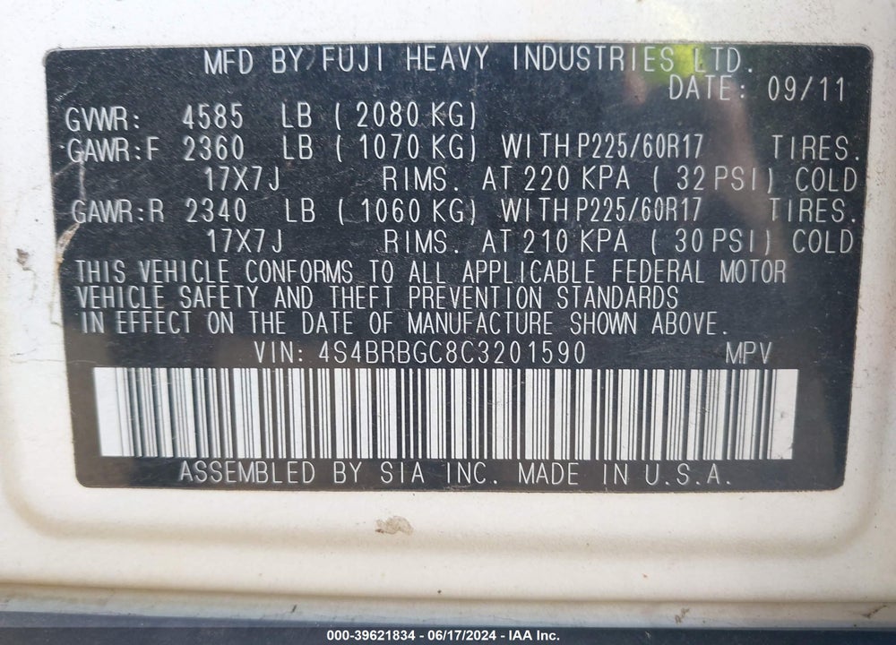 2012 SUBARU OUTBACK 2.5I PREMIUM VIN: 4S4BRBGC8C3201590