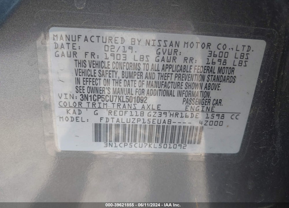 2019 NISSAN KICKS SR VIN: 3N1CP5CU7KL501092