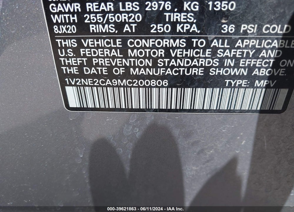 2021 VOLKSWAGEN ATLAS CROSS SPORT 3.6L V6 SE W/TECHNOLOGY R-LINE VIN: 1V2NE2CA9MC200806