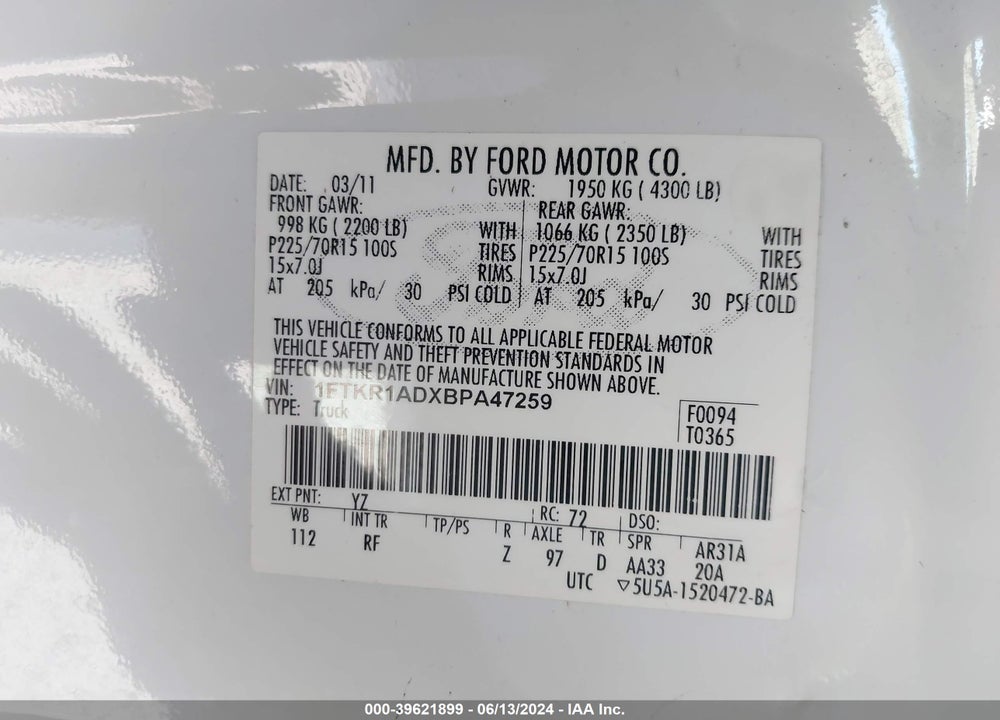 2011 FORD RANGER XL VIN: 1FTKR1ADXBPA47259