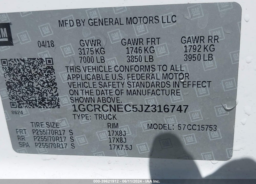 2018 CHEVROLET SILVERADO 1500 WT VIN: 1GCRCNEC5JZ316747