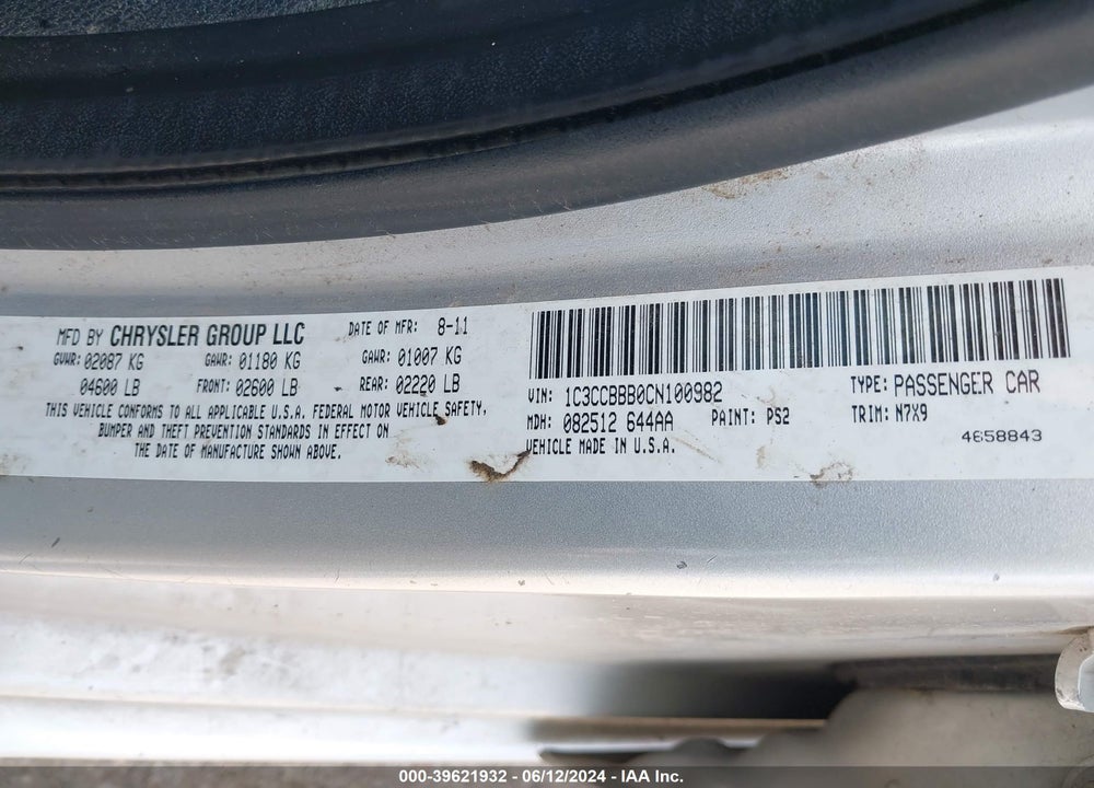 2012 CHRYSLER 200 TOURING VIN: 1C3CCBBB0CN100982
