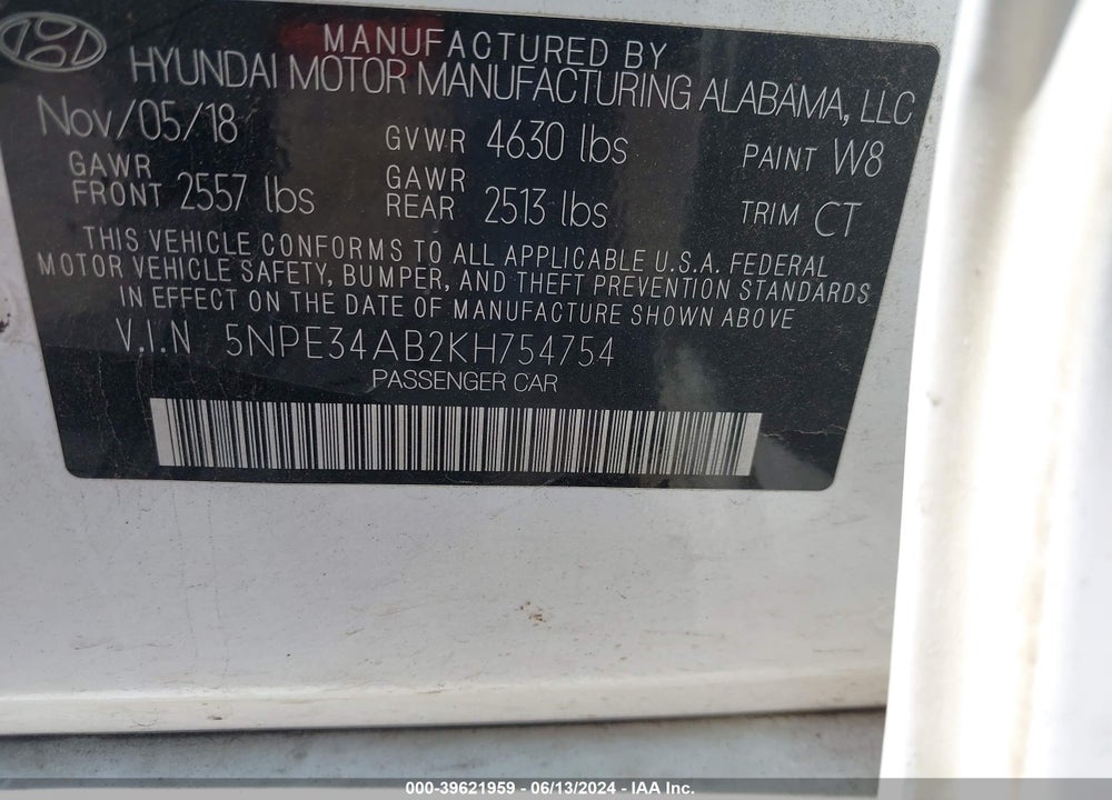 2019 HYUNDAI SONATA LIMITED 2.0T VIN: 5NPE34AB2KH754754
