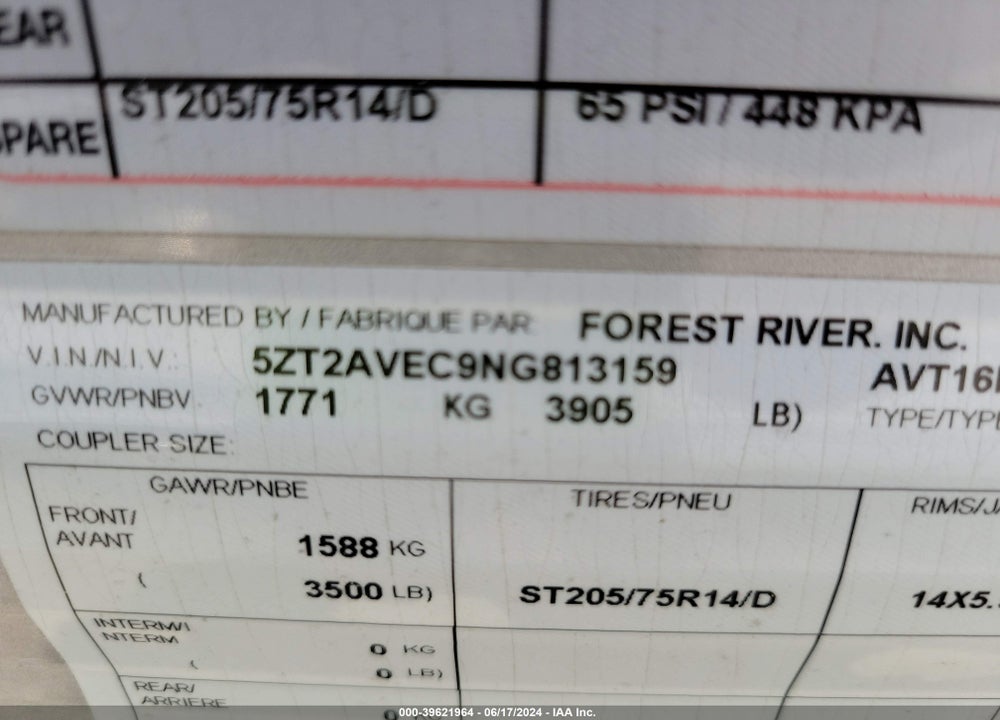 2022 AVENGER TRAVEL TRAILER VIN: 5ZT2AVEC9NG813159