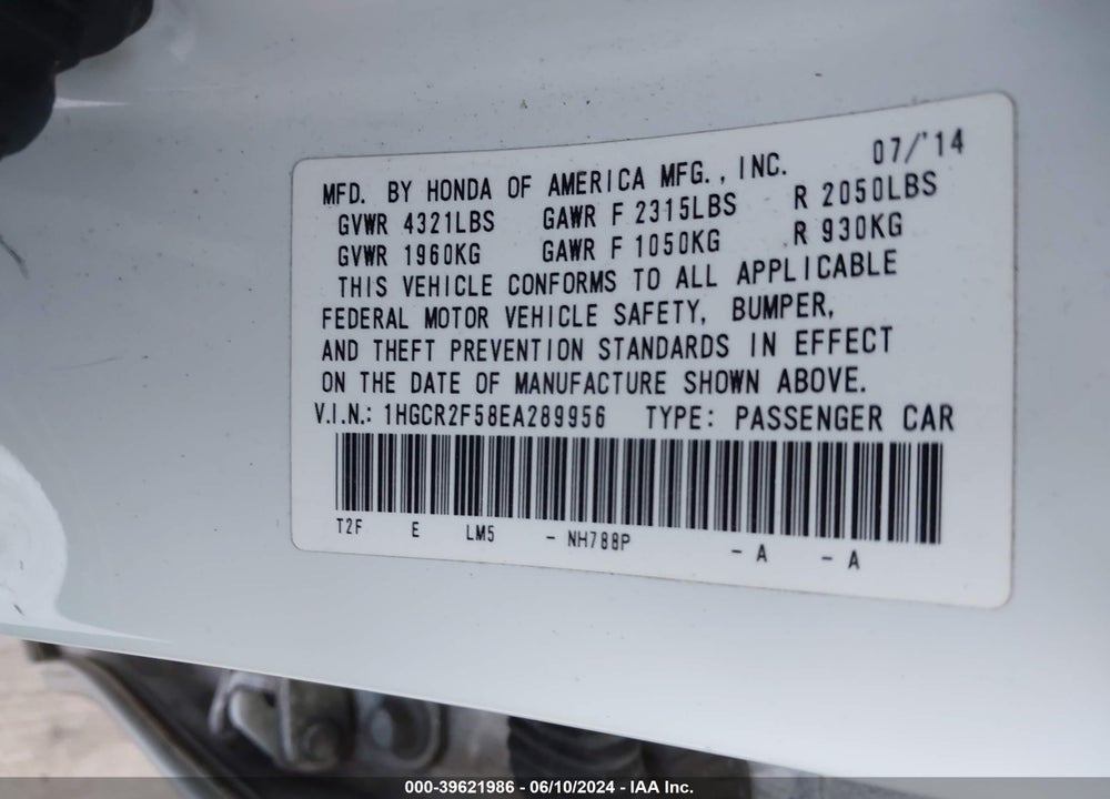 2014 HONDA ACCORD SPORT VIN: 1HGCR2F58EA289956