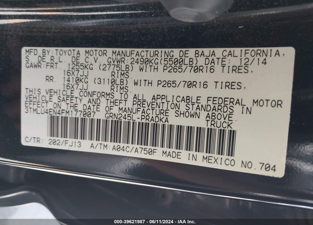 2015 TOYOTA TACOMA BASE V6 VIN: 3TMLU4EN4FM177007