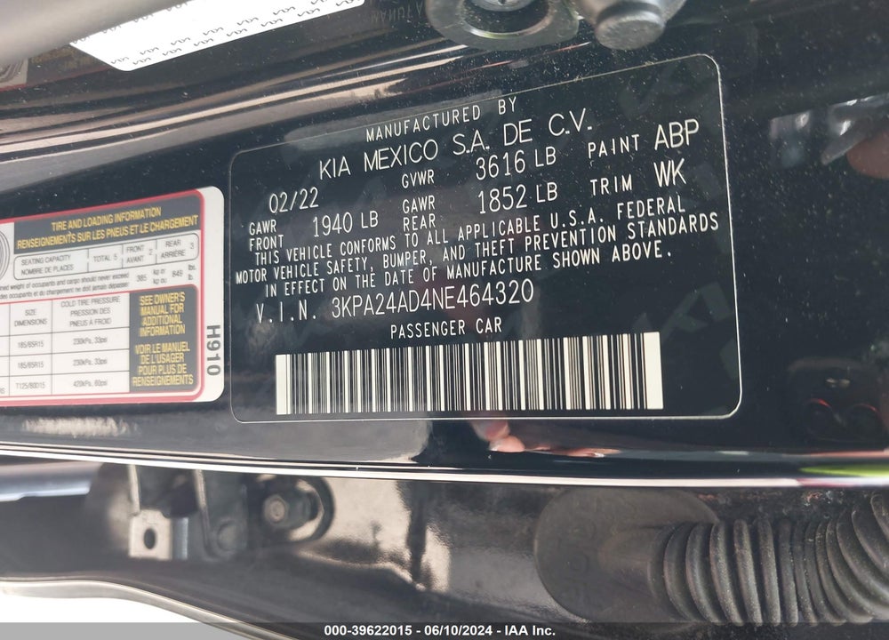 2022 KIA RIO S VIN: 3KPA24AD4NE464320