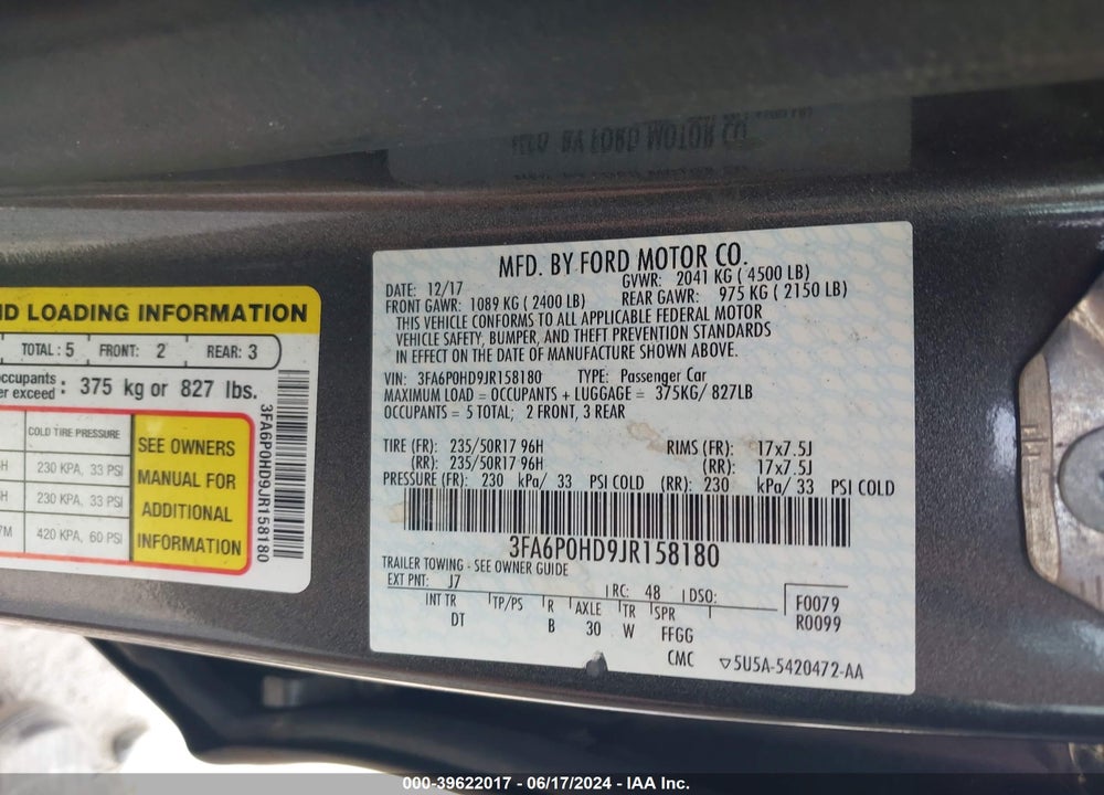 2018 FORD FUSION SE VIN: 3FA6P0HD9JR158180