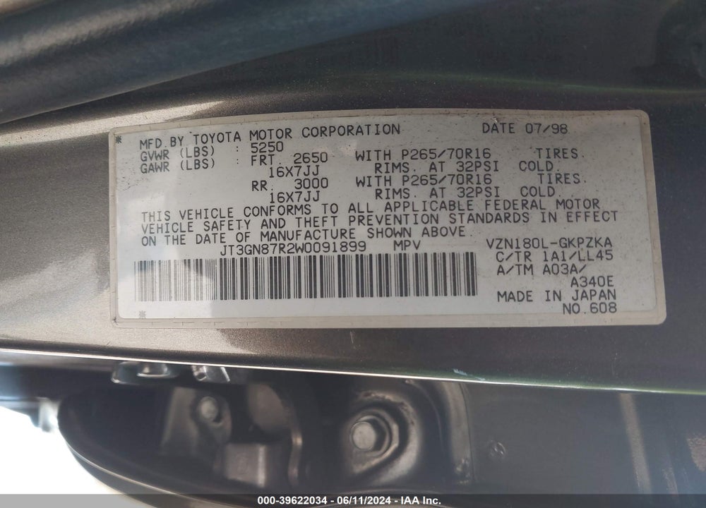1998 TOYOTA 4RUNNER SR5 V6 LIMITED VIN: JT3GN87R2W0091899
