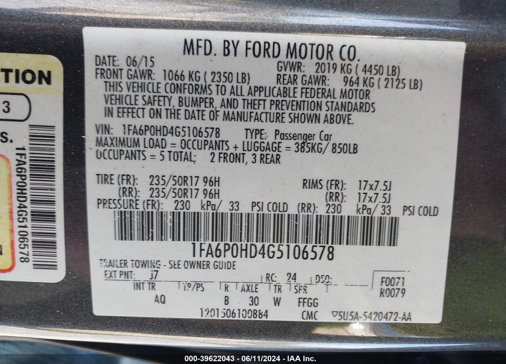2016 FORD FUSION SE VIN: 1FA6P0HD4G5106578