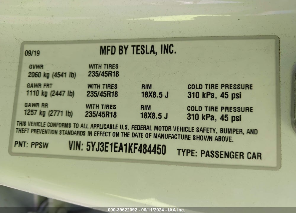 2019 TESLA MODEL 3 LONG RANGE/MID RANGE/STANDARD RANGE/STANDARD RANGE PLUS VIN: 5YJ3E1EA1KF484450