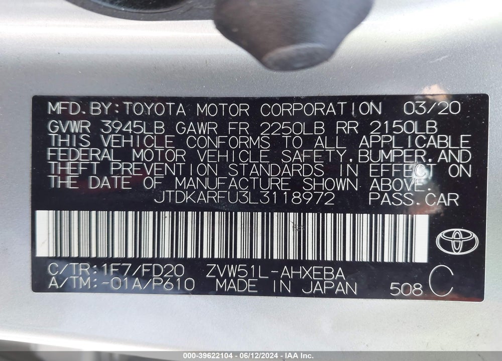 2020 TOYOTA PRIUS LE VIN: JTDKARFU3L3118972