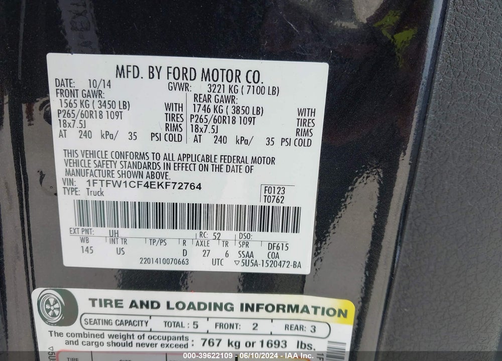 2014 FORD F-150 XLT VIN: 1FTFW1CF4EKF72764