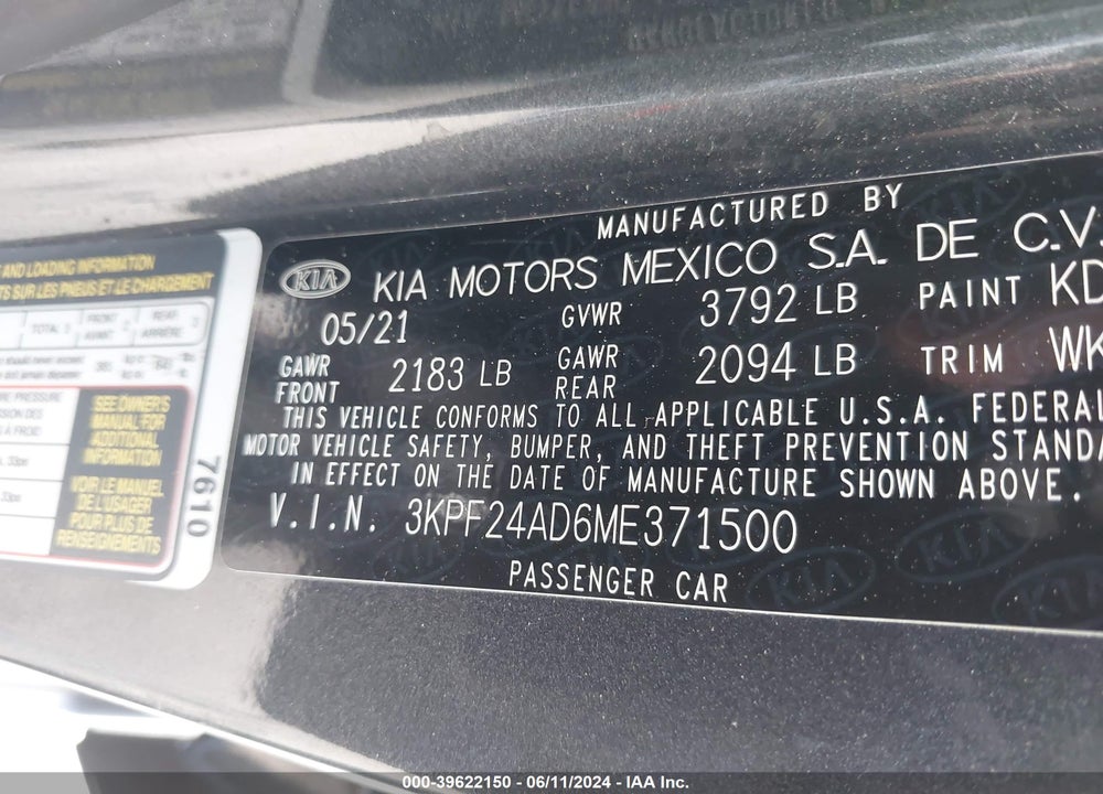 2021 KIA FORTE LXS VIN: 3KPF24AD6ME371500