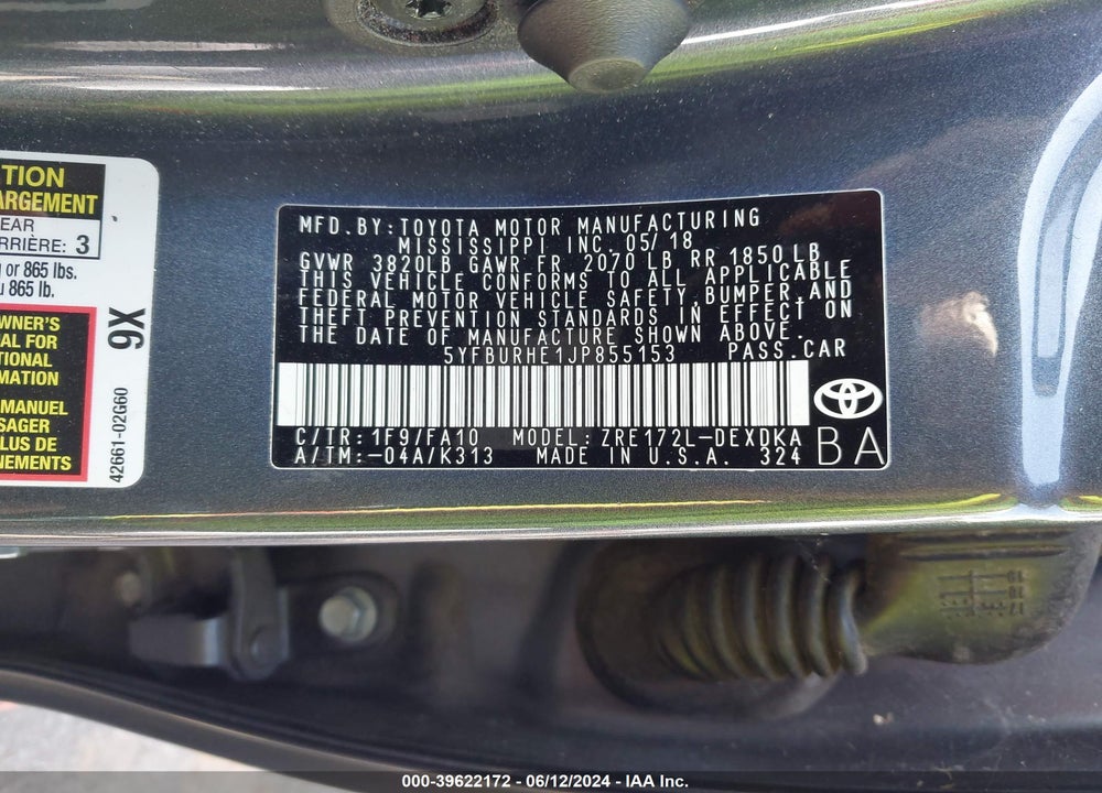 2018 TOYOTA COROLLA L/LE/SE/XLE/XSE VIN: 5YFBURHE1JP855153