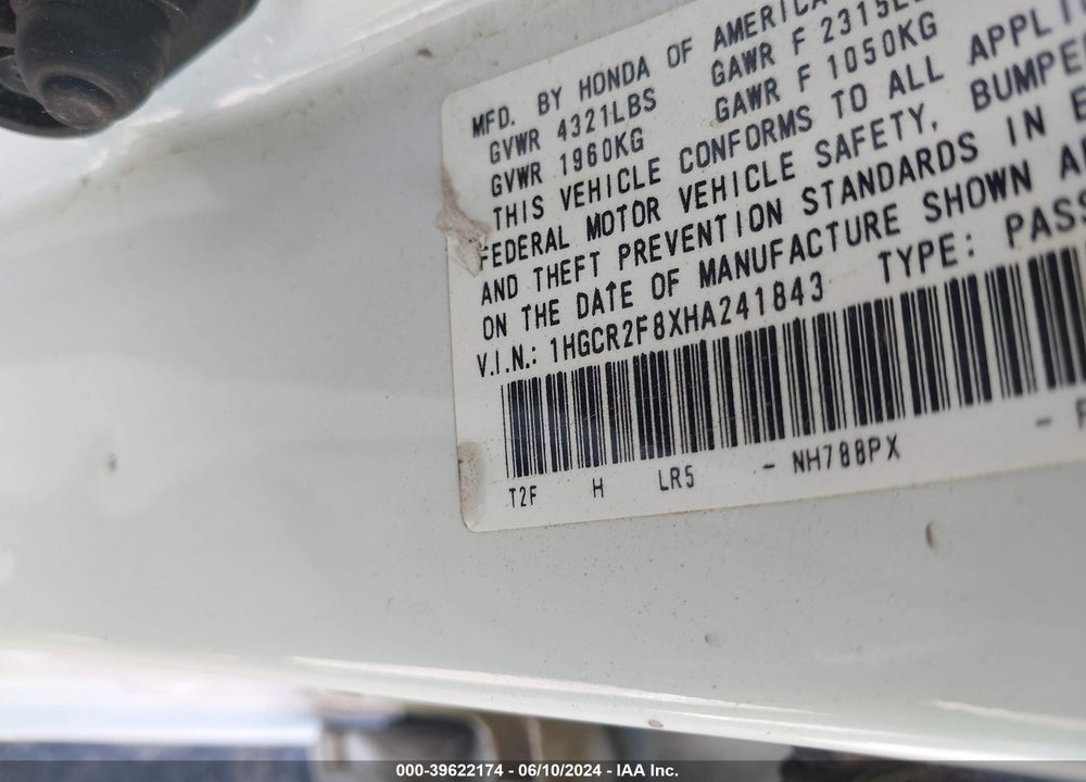 2017 HONDA ACCORD EX-L VIN: 1HGCR2F8XHA241843
