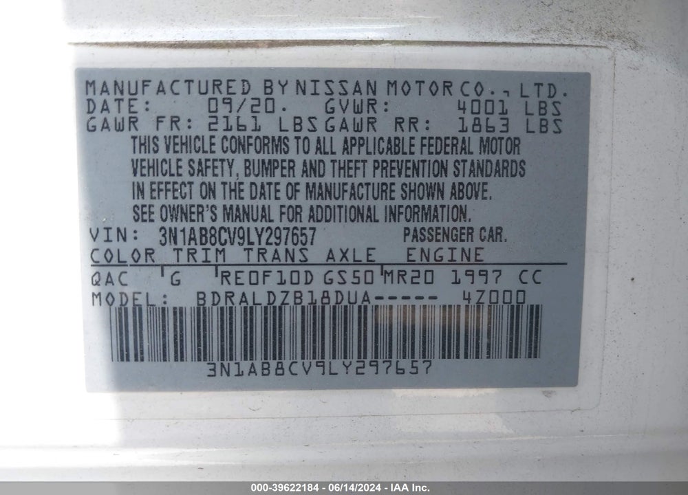 2020 NISSAN SENTRA VIN: 3N1AB8CV9LY297657