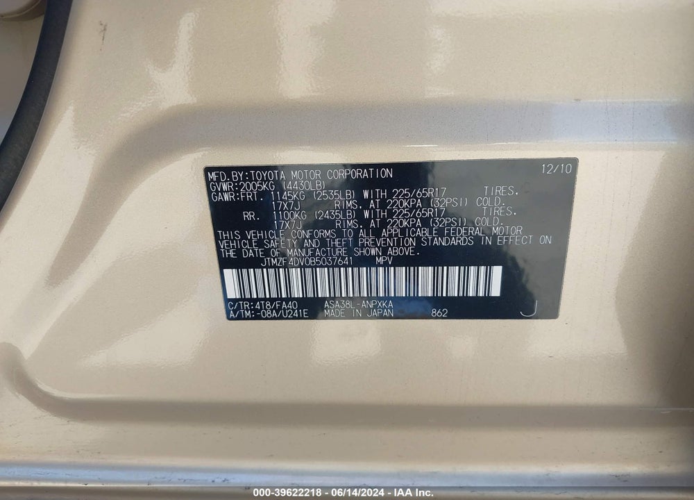 2011 TOYOTA RAV4 VIN: JTMZF4DV0B5037641