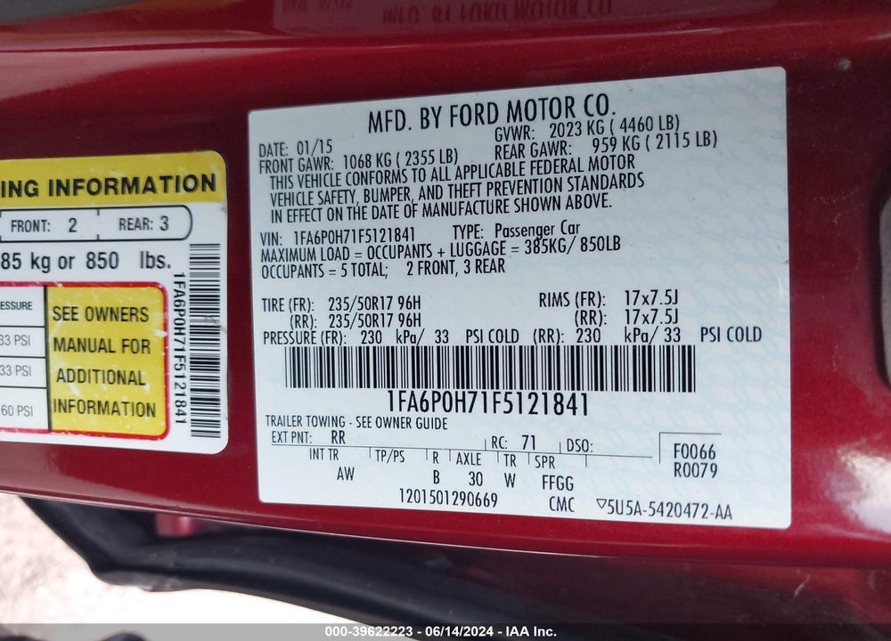 2015 FORD FUSION SE VIN: 1FA6P0H71F5121841