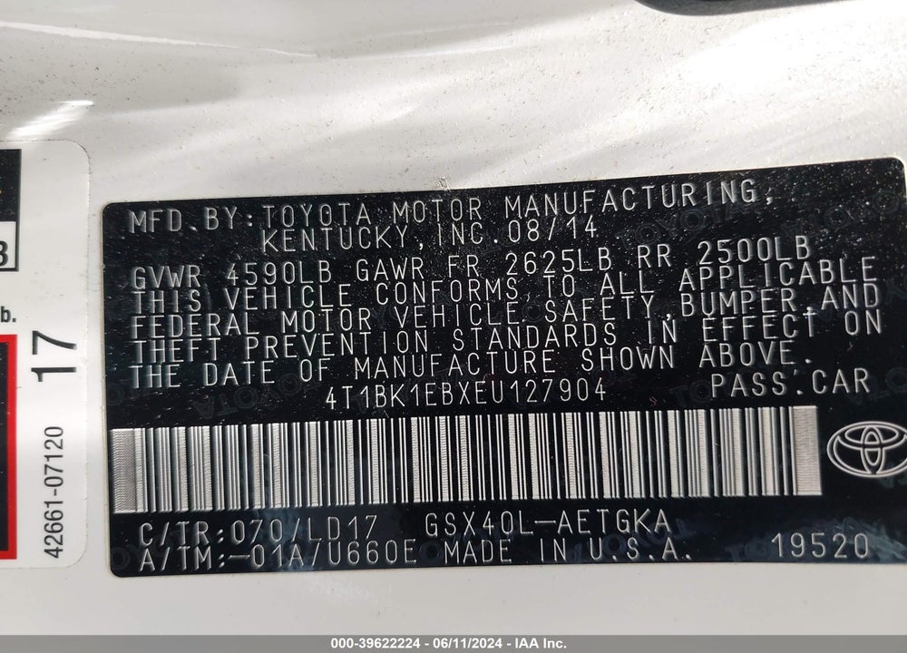 2014 TOYOTA AVALON XLE VIN: 4T1BK1EBXEU127904
