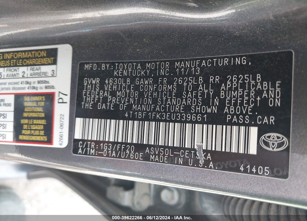 2014 TOYOTA CAMRY SE VIN: 4T1BF1FK3EU339661