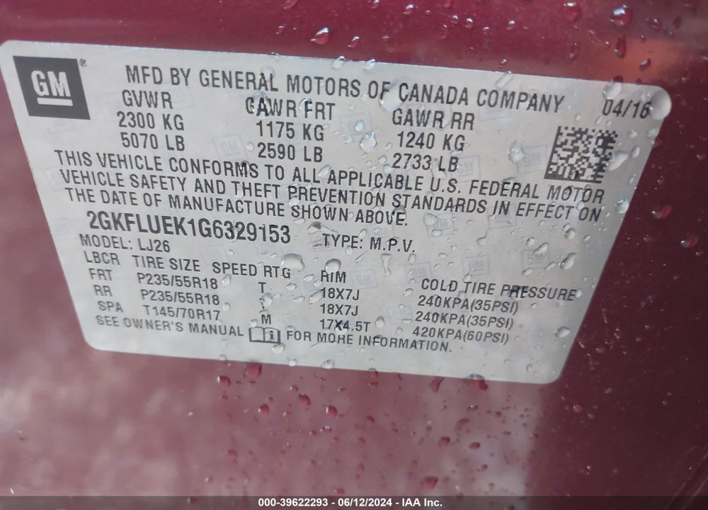 2016 GMC TERRAIN SLT VIN: 2GKFLUEK1G6329153