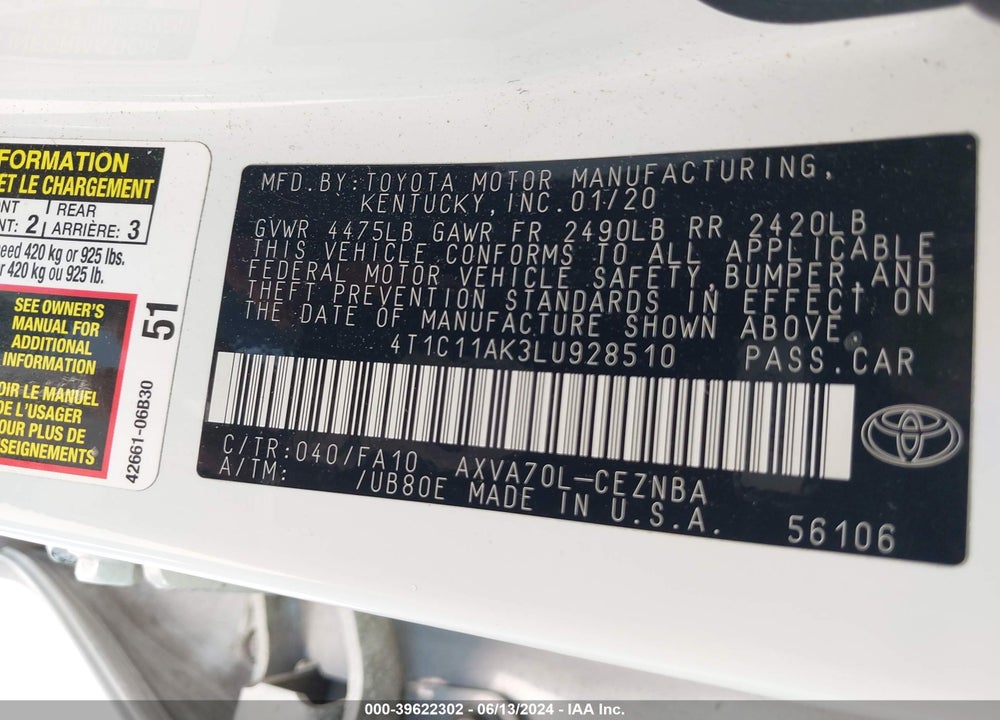 2020 TOYOTA CAMRY LE VIN: 4T1C11AK3LU928510