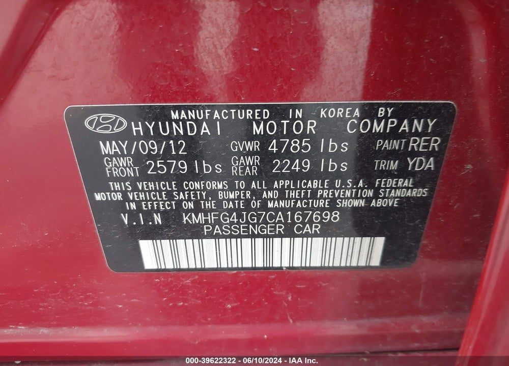 2012 HYUNDAI AZERA VIN: KMHFG4JG7CA167698