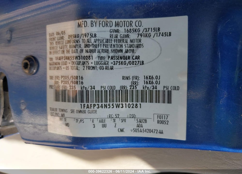 2005 FORD FOCUS ZX4 VIN: 1FAFP34N55W310281
