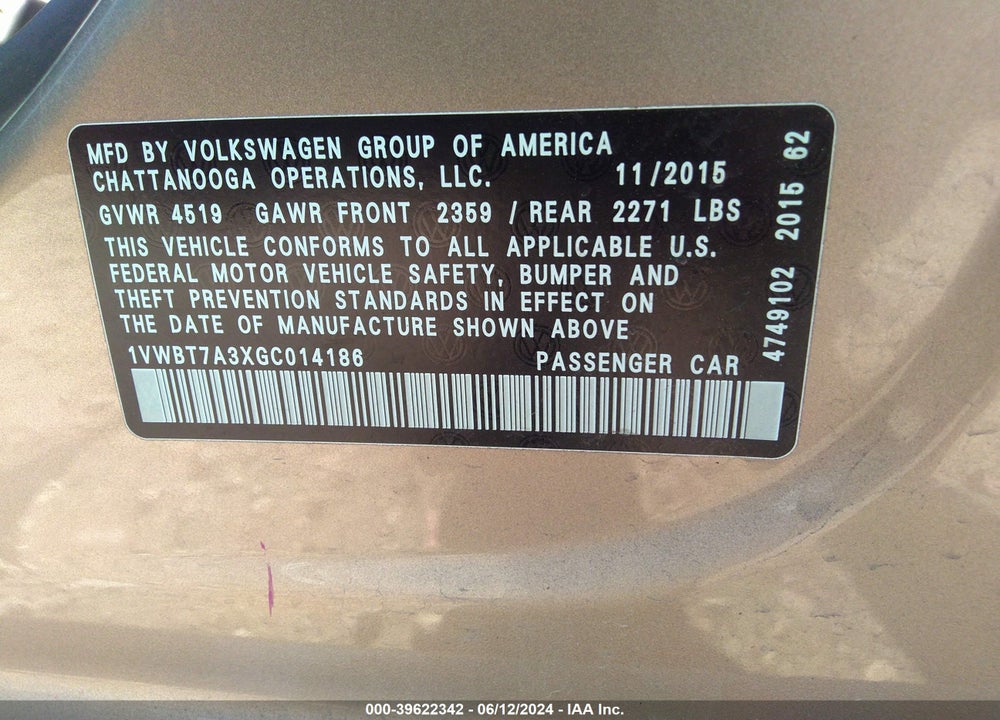 2016 VOLKSWAGEN PASSAT 1.8T SE VIN: 1VWBT7A3XGC014186