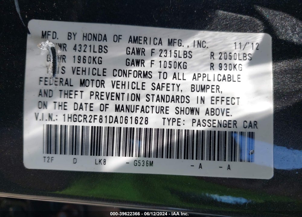 2013 HONDA ACCORD EX-L VIN: 1HGCR2F81DA061628
