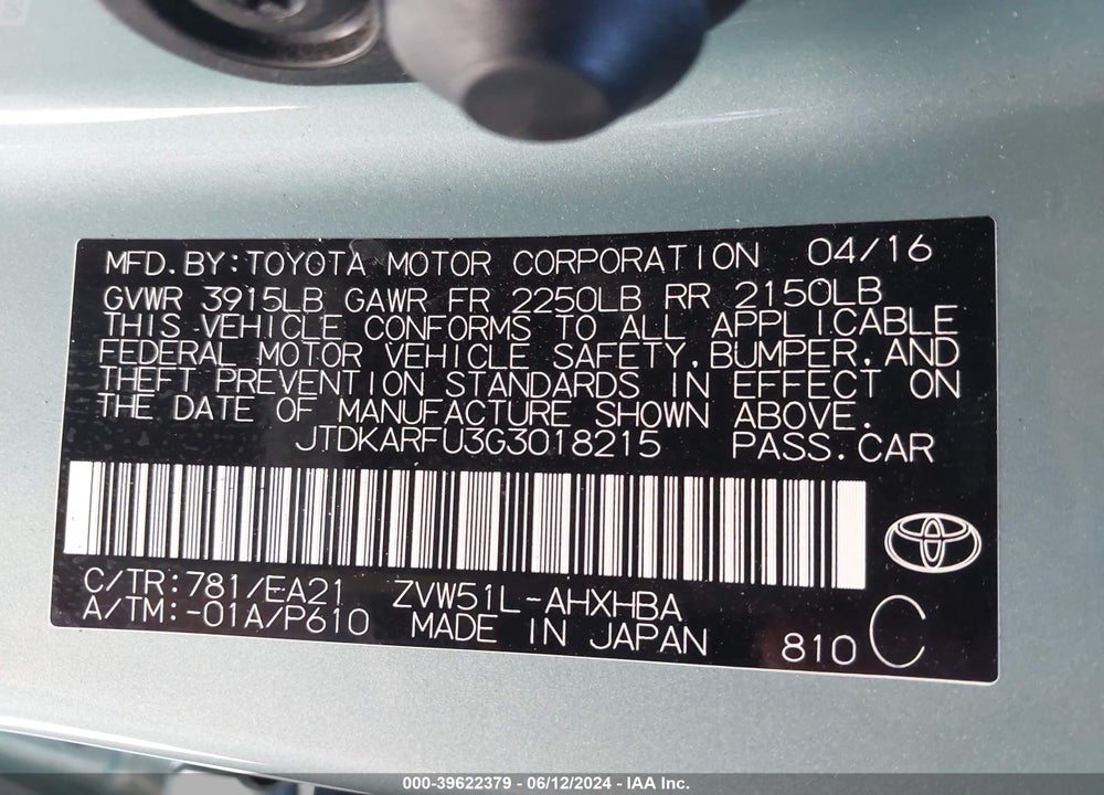 2016 TOYOTA PRIUS THREE TOURING VIN: JTDKARFU3G3018215