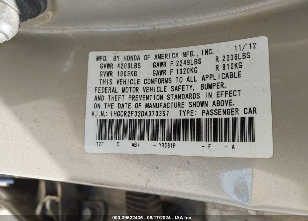2013 HONDA ACCORD LX VIN: 1HGCR2F32DA070357