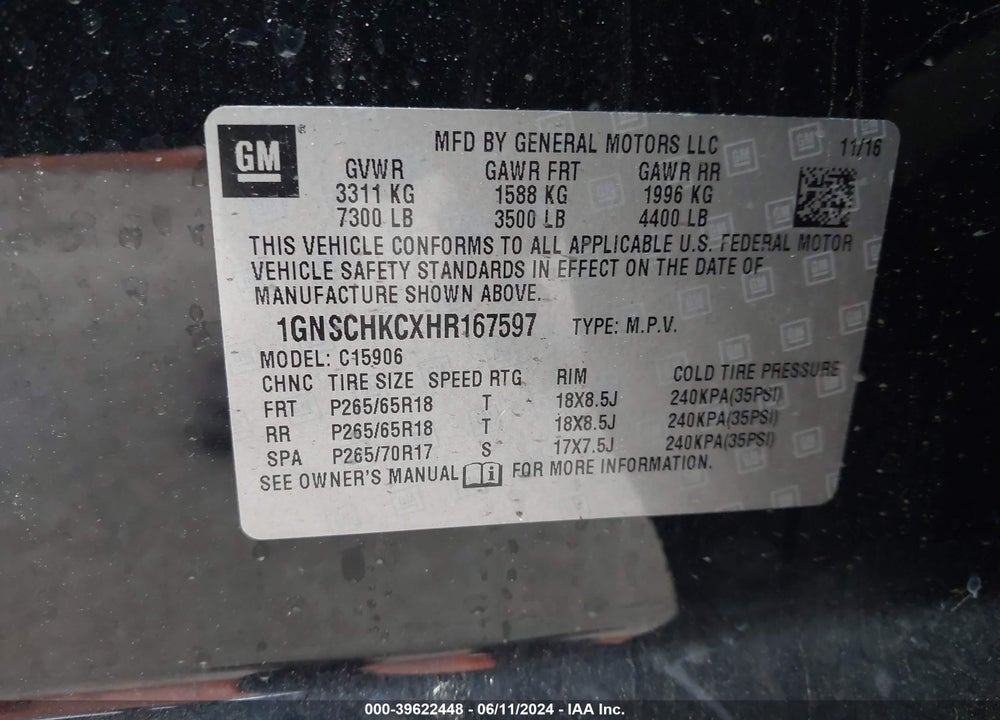 2017 CHEVROLET SUBURBAN LT VIN: 1GNSCHKCXHR167597