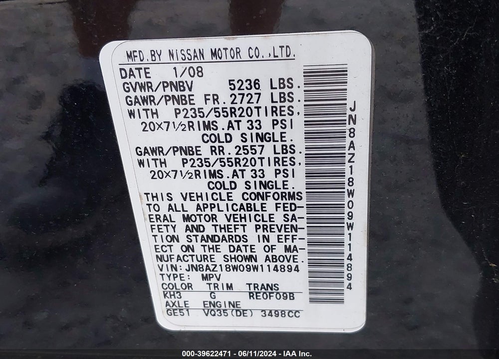 2009 NISSAN MURANO LE VIN: JN8AZ18W09W114894