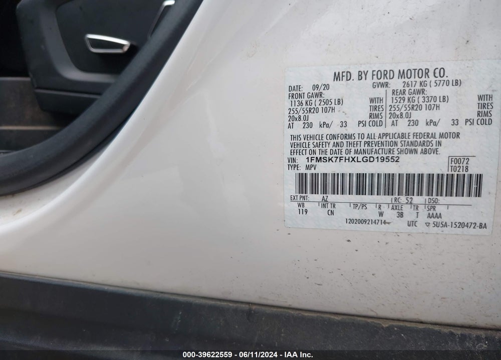 2020 FORD EXPLORER LIMITED VIN: 1FMSK7FHXLGD19552