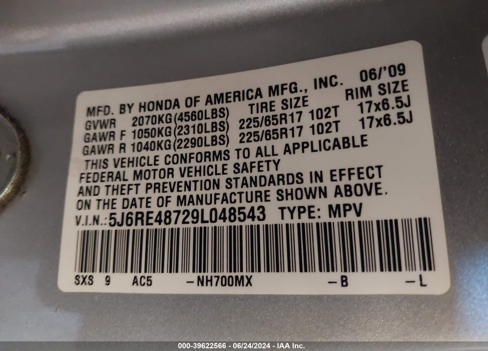 2009 HONDA CR-V EX-L VIN: 5J6RE48729L048543