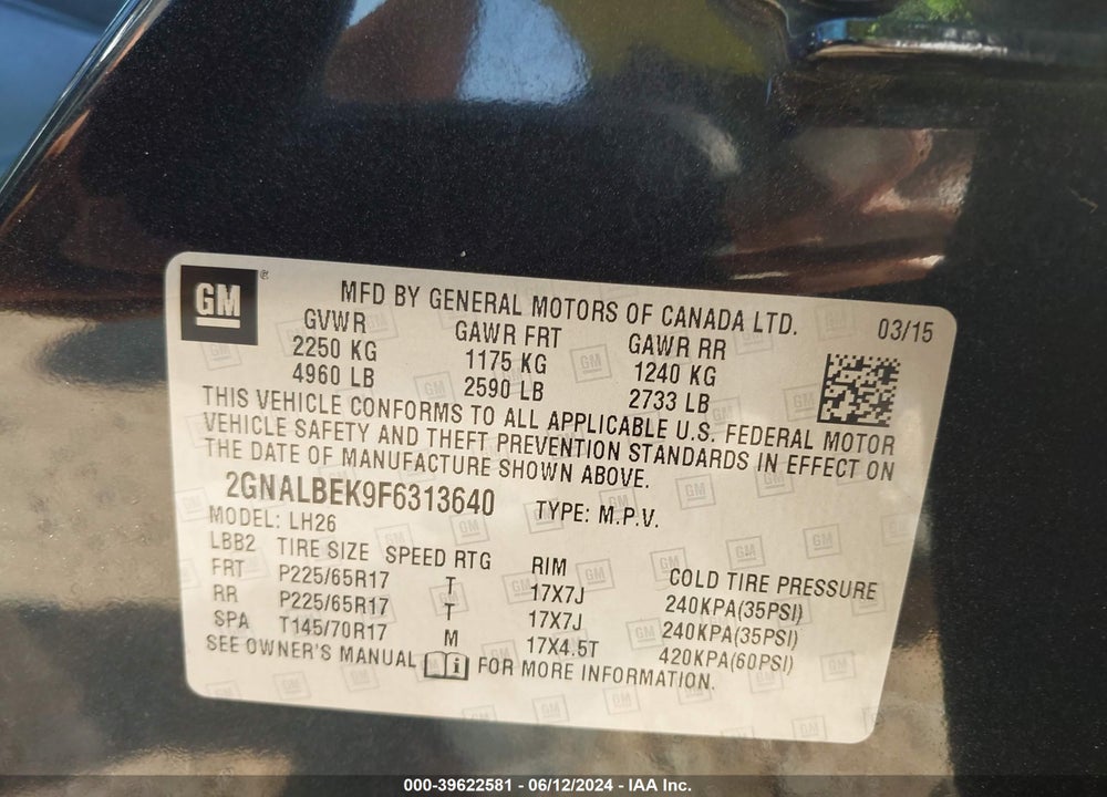 2015 CHEVROLET EQUINOX 1LT VIN: 2GNALBEK9F6313640