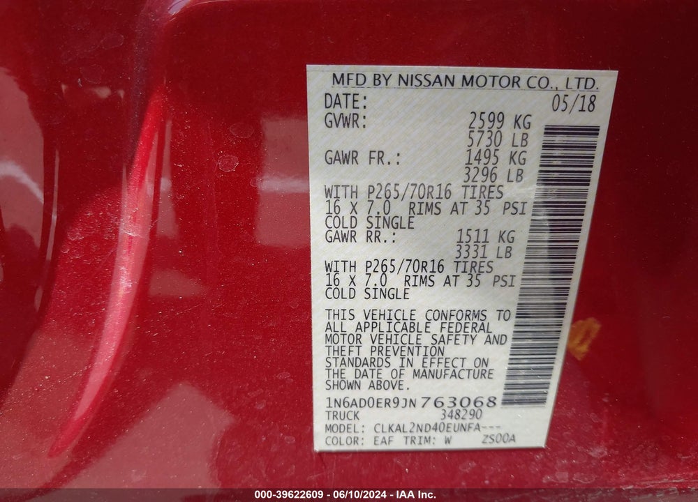 2018 NISSAN FRONTIER SV VIN: 1N6AD0ER9JN763068