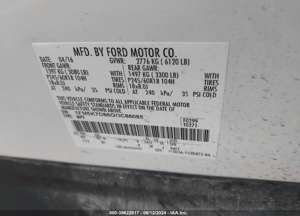 2016 FORD EXPLORER XLT VIN: 1FM5K7D86GGC86085