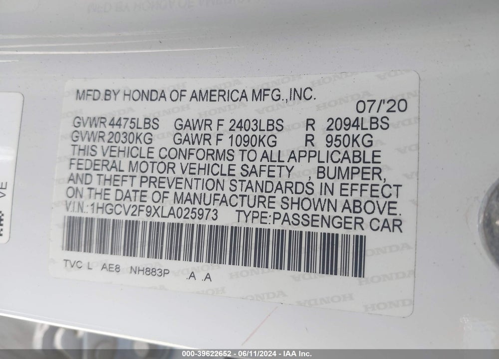 2020 HONDA ACCORD TOURING VIN: 1HGCV2F9XLA025973