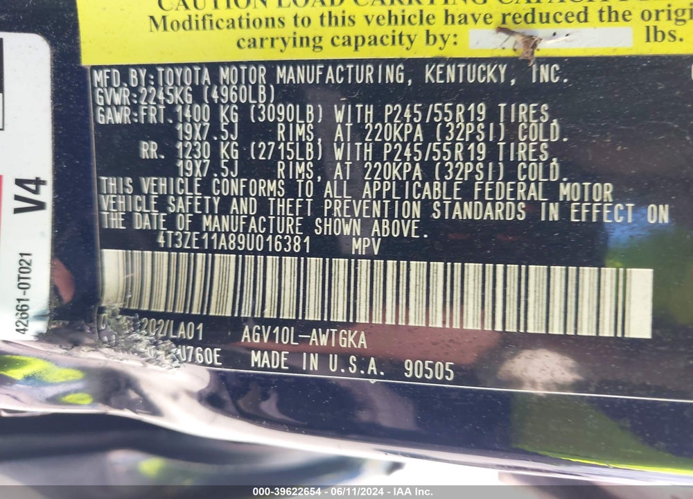 2009 TOYOTA VENZA VIN: 4T3ZE11A89U016381