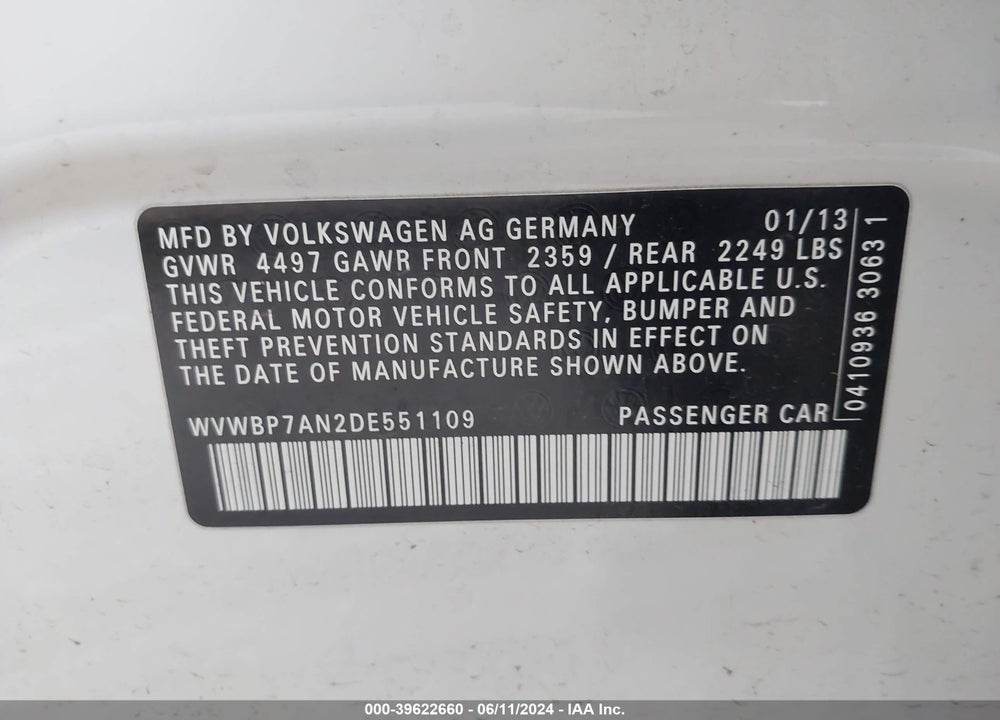 2013 VOLKSWAGEN CC 2.0T R-LINE VIN: WVWBP7AN2DE551109