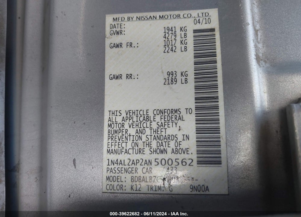 2010 NISSAN ALTIMA VIN: 1N4AL2AP2AN500562