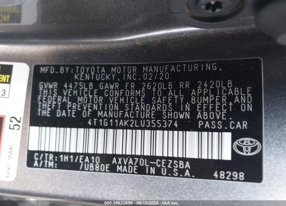 2020 TOYOTA CAMRY SE VIN: 4T1G11AK2LU355374
