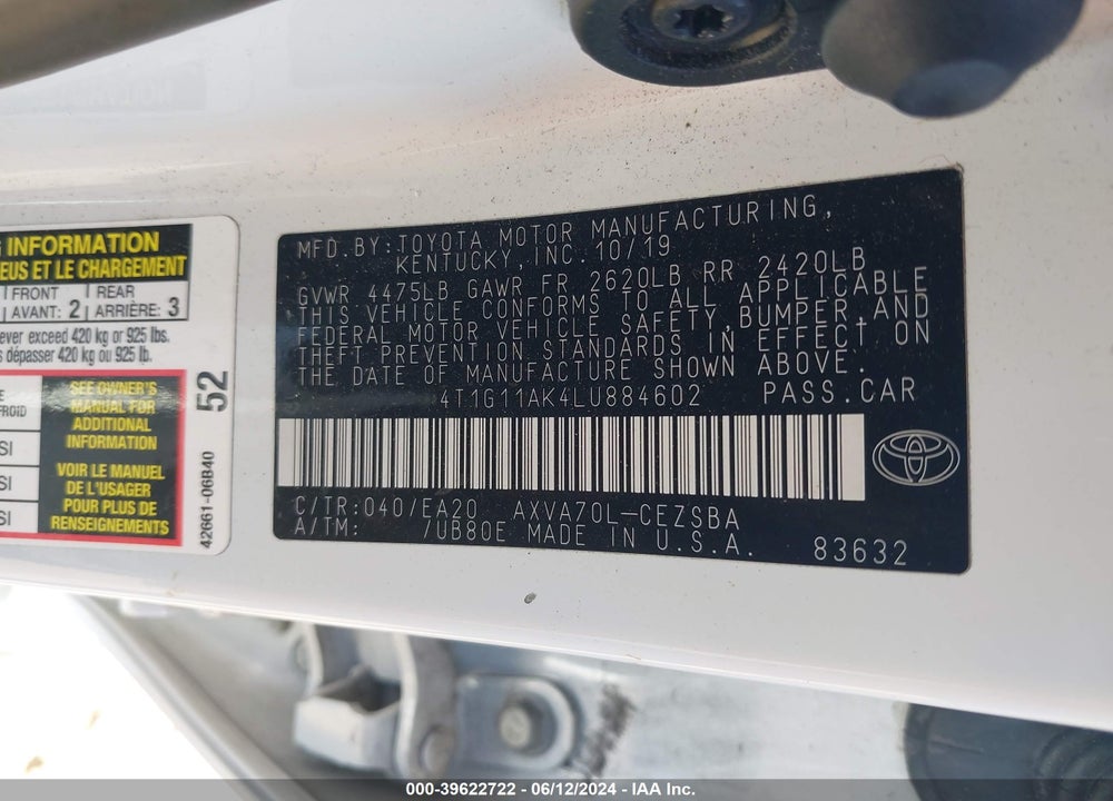 2020 TOYOTA CAMRY SE VIN: 4T1G11AK4LU884602